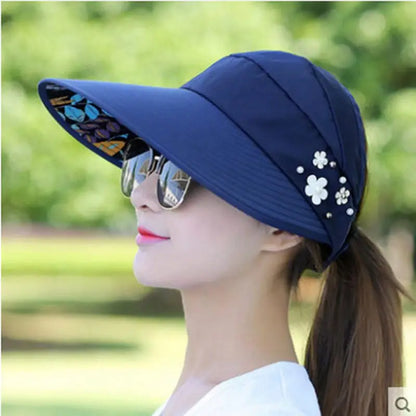 Summer Women Wide Brim Empty Top Hats Flower Pearls Floppy Foldable Sun Protection Hats Outdoor Beach Tour Visor Baseball Cap