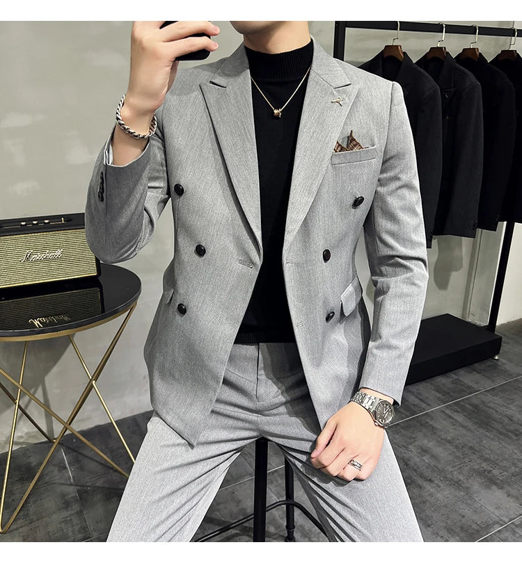 ( Blazers + Pants ) Boutique Fashion Solid Color Double-breasted Men's Casual Business Slim Suit 2-piece Set Groom Wedding Dress