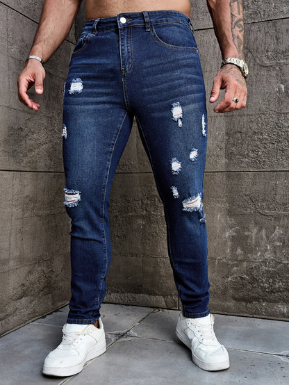 Men's Deep Blue Skinny Fit Ripped Stretch Denim Jeans Versatile and Easy Match Men's Pants Elastane Fabric Everyday Wear