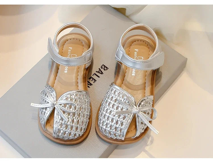 Girls Princess Shoes Weave Breathable Kids Beach Shoes with Simple Bows 2025 Summer New Children Sandals Soild Color Non-slip