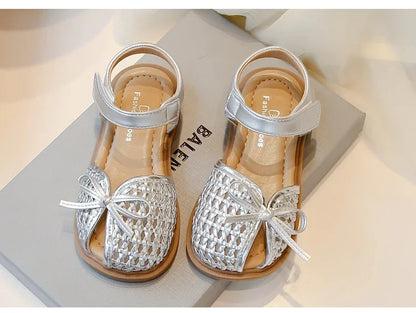 Girls Princess Shoes Weave Breathable Kids Beach Shoes with Simple Bows 2025 Summer New Children Sandals Soild Color Non-slip