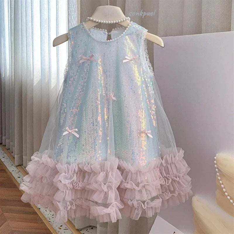Girls Dress Cotton Summer New Childrens Clothing Korean Style Girls Baby Bow Glittering Princess Skirt Casual Simple Daily Party