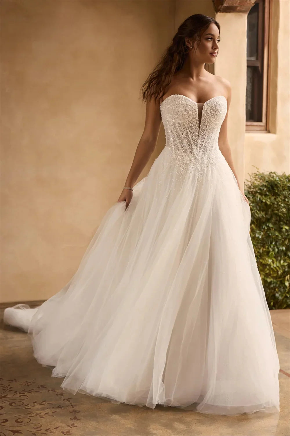 Shiny Beaded Sequined Sweetheart Tulle A Line Wedding Dresses Custom Made Bridal Grown 2025 Vestido De Noival