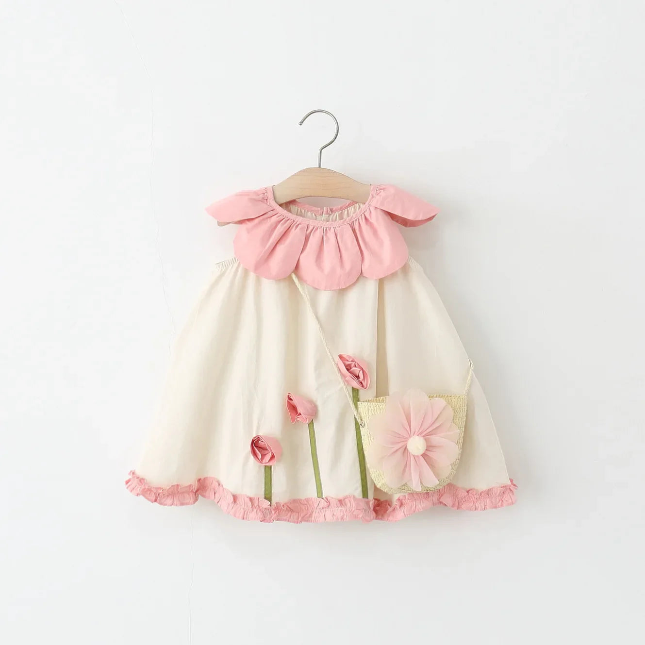 2Piece Sets Girls Summer Clothes Korean Cute Flower Doll Collar Sleeveless Cotton Kids Dresses+Bag Toddler Princess Dress B095
