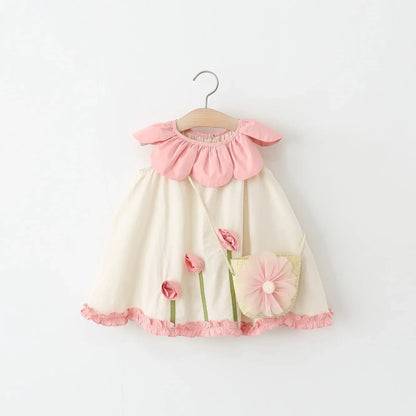 2Piece Sets Girls Summer Clothes Korean Cute Flower Doll Collar Sleeveless Cotton Kids Dresses+Bag Toddler Princess Dress B095