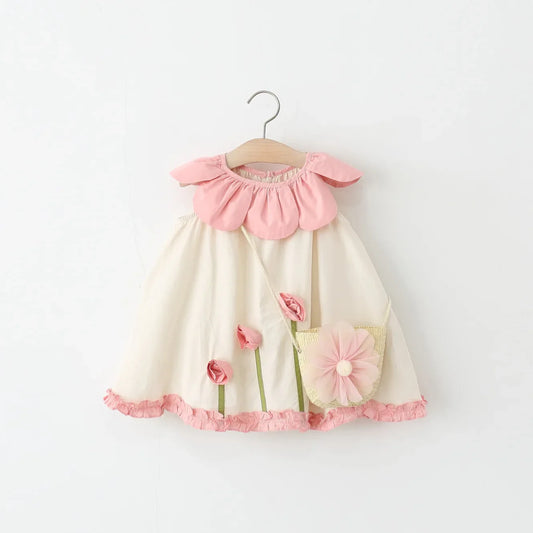 2Piece Sets Girls Summer Clothes Korean Cute Flower Doll Collar Sleeveless Cotton Kids Dresses+Bag Toddler Princess Dress B095