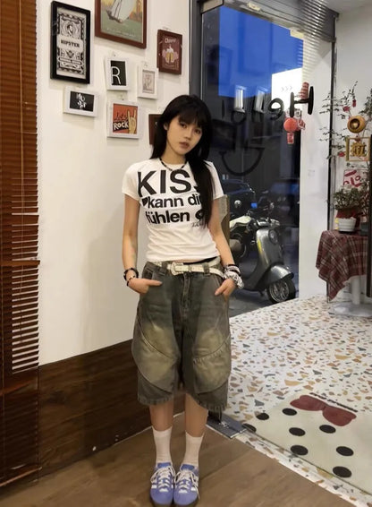 Japanese Y2k Letter Print T-shirt Trashy 2000s Style Crop Top Vintage Harajuku Short Sleeve Tee Shirt American Retro 90s