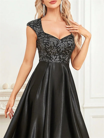 Vestido Longo Preto Elegante com Lantejoulas para Noite Feminino 2025 Luxuoso Decote U Cetim Formatura Festa Coquetel