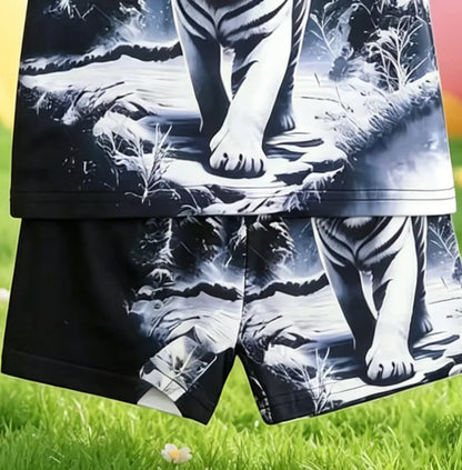 Summer New Arrival Boys Ink Wash Tiger All Over Print Short Sleeve Shorts Set
