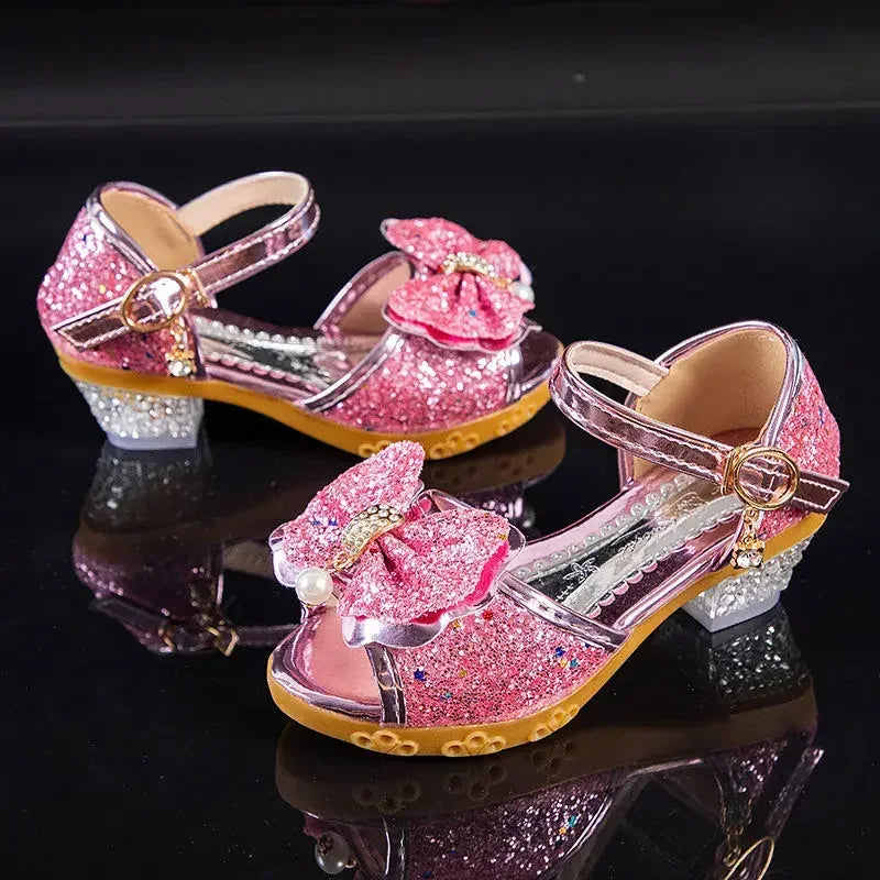 Girls Sandals Summer 2023  New Children's Princess Shoes Little Girls High-heeled Bow-knot Crystal Sandals Party Dress Wedding
