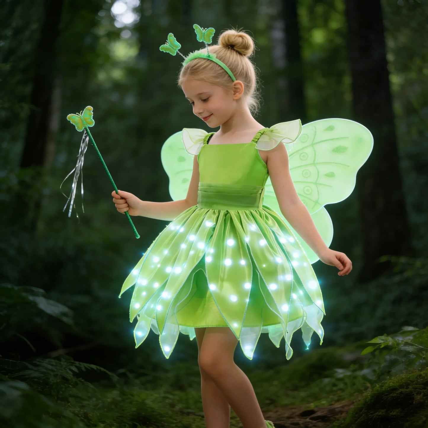 Childern Princess Dress For Girls LED Light With Flower Fairy Dress Up Kids With Wings Halloween Elves Party Tinker Bell Dress