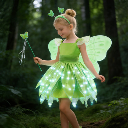 Childern Princess Dress For Girls LED Light With Flower Fairy Dress Up Kids With Wings Halloween Elves Party Tinker Bell Dress