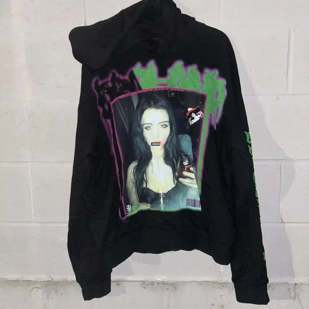 Mens Black Hooded Graphic Hoodie Horror Character Print Thriller Style Streetwear Unique Creative Design Express Individuality