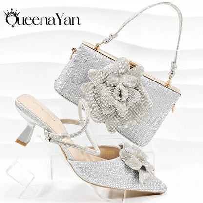 Large Flower Design Shoes & Bag Nigerian Coffee Color Women's Stiletto Shoes For Special Good Time INS Style