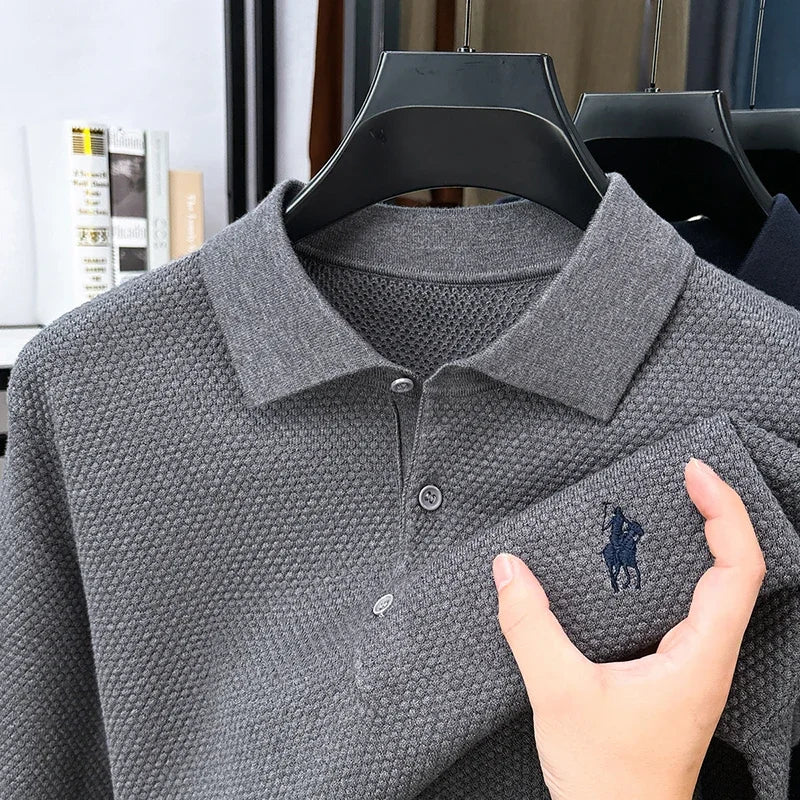 High-end Quality Men's Casual Outdoor Pineapple Pattern Knitted Long-sleeve Polo Shirt (eco-cotton, No Shrinkage No Deformation)