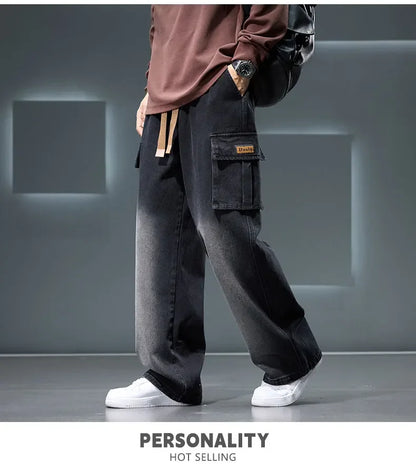 Autumn New Wide Leg Washing Jean Pants Men Trousers Neutral Solid Color Loose Casual Fashion Pocket Cargo Pants Big Size 8xl
