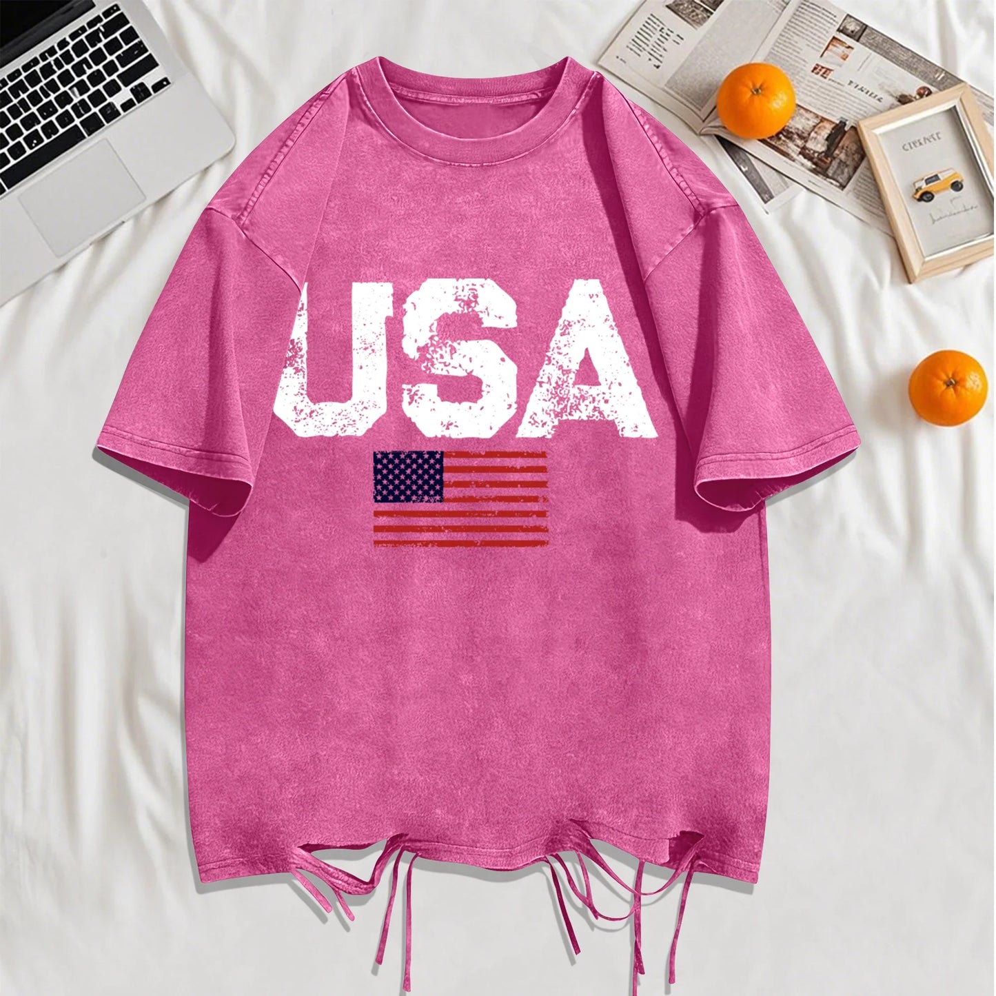 Usa Letter American Flag Printed Washed Holes T-Shirt Man Summer Cotton Loose Top O-Neck Creative Tee Unisex Vintage T Shirt