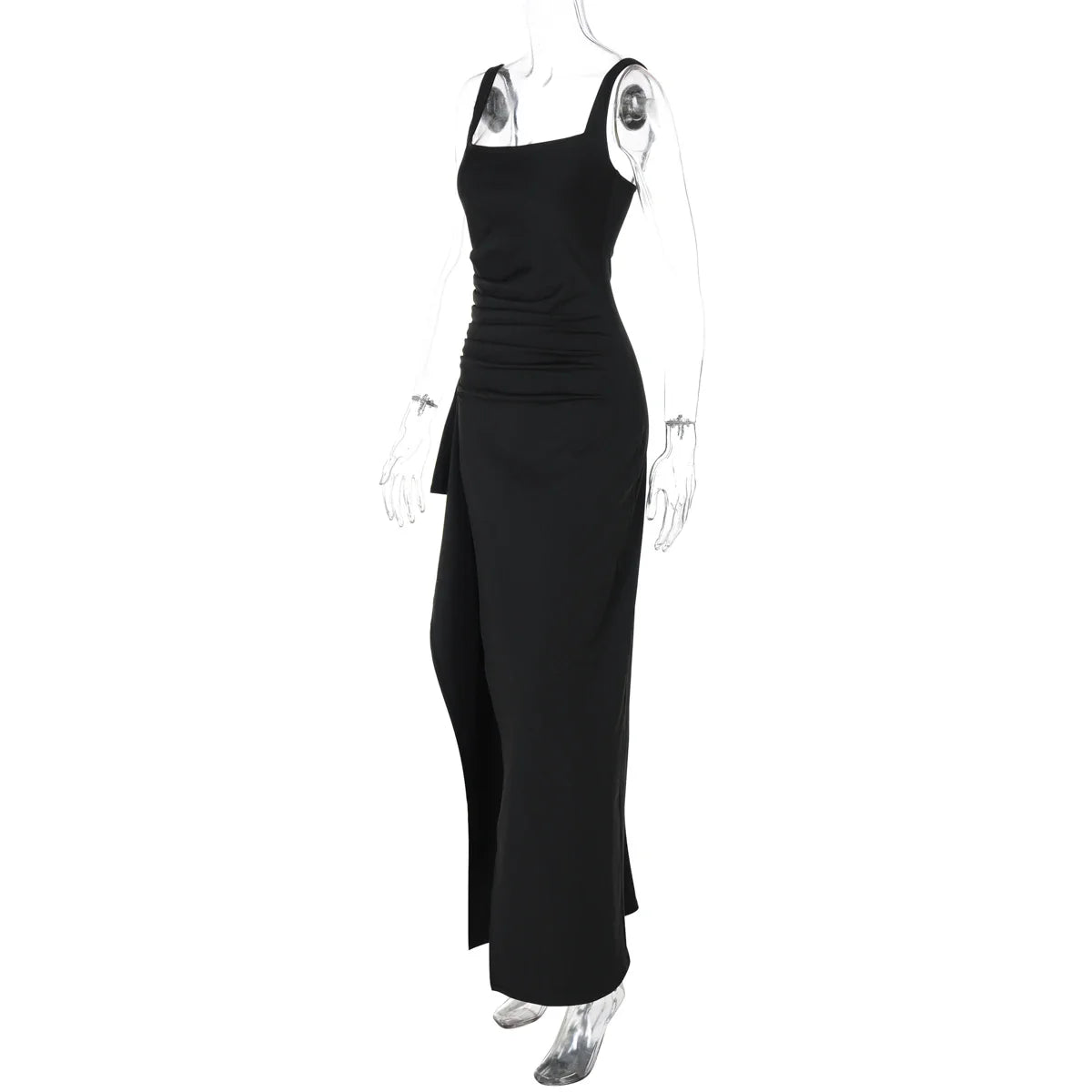 Women Elegant Solid Straps Slit Ruched Patchwork Sexy Bodycon Maxi Dress Summer Outfits Evening Party Birthday Festival