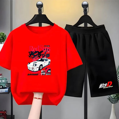Summer Cool Boy Girl Tshirt Children T-shirt+Shorts Set Japanese manga racing car Fashion Print Toddler 3-12Yrs white clothing
