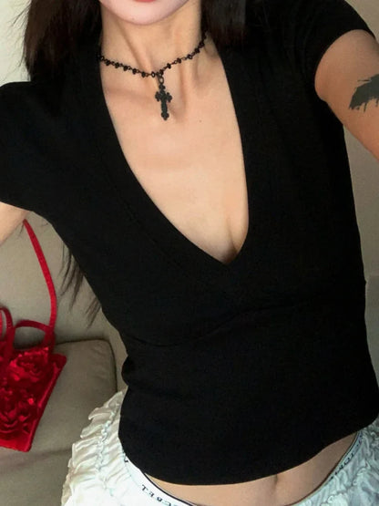 V-neck Short Sleeve Tops Casual Women T Shirts Black Summer Skinny Sexy Solid Basic Crop Top Fashion Streetwear