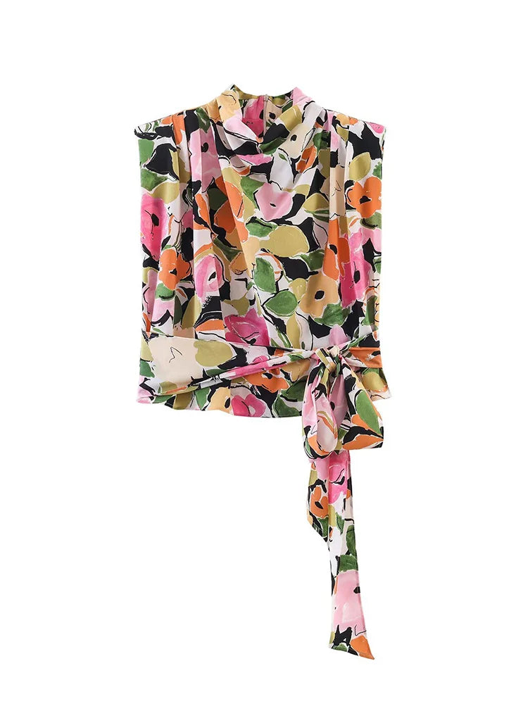 Summer 2026 Women Sleeveless Blouse Top Elegant Floral Printed Shoulder Pad Top Chic Side Tie-up Fashion Lady Vest