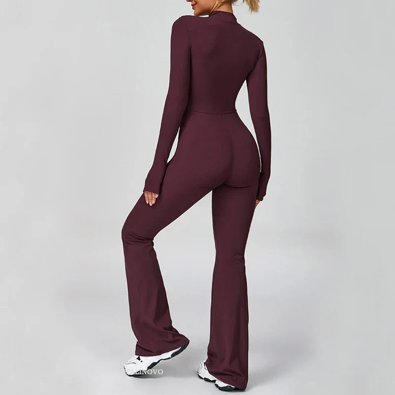 VITALINOVO Women Long Sleeve Flare Workout Jumpsuit Zip Up Romper Bottom Pants Wide Leg Full Length Bodysuit Bodycon One Piece