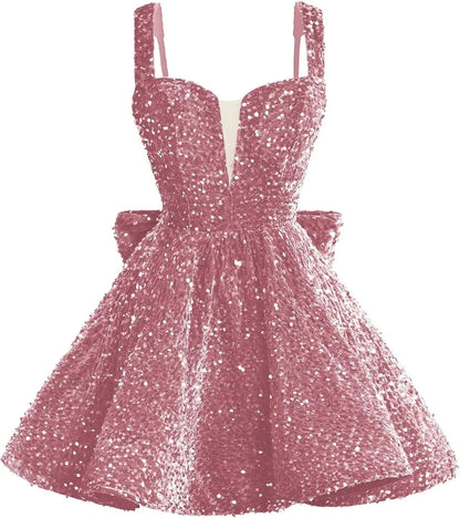 Sparkly Sequin Homecoming Dresses 2026 Short Spaghetti Straps V Neck Cocktail Party Gowns with Bow  Mini Dress Graduation Dress