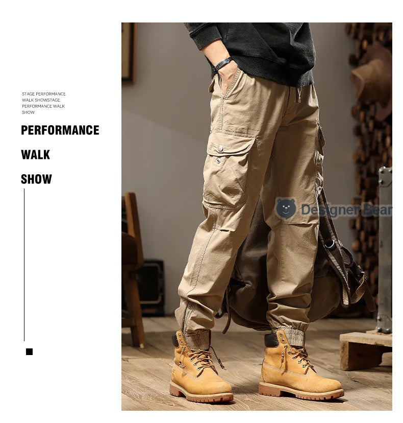 Brand Clothing 2026 Spring Summer Men's Baggy Cargo Pants Multi-Pocket Work Joggers Casual Cotton Tapered Trousers Long Pants