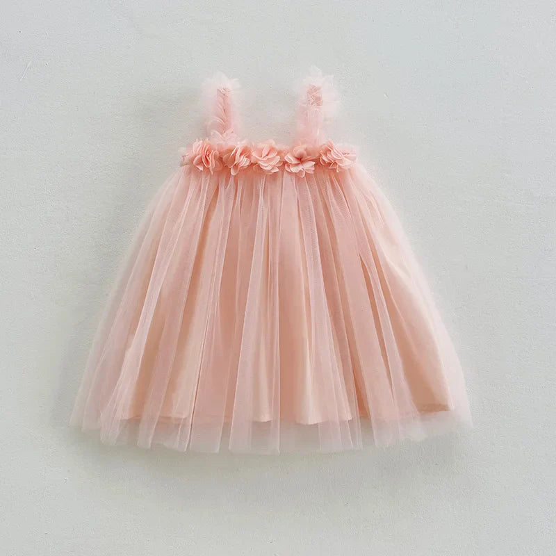 1-6 Y Girls Dresses  3D Flower A Line Dress for Girls Sleeveless Camisole Mesh Dress