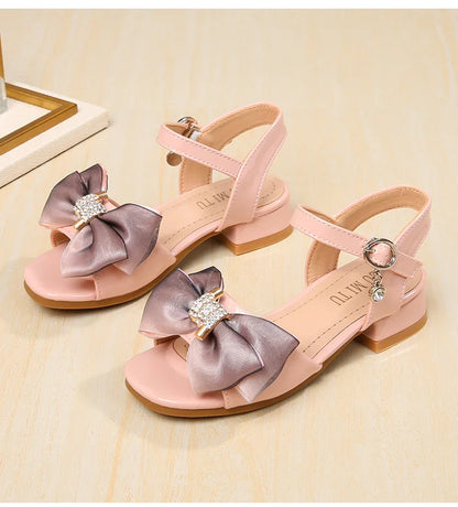Girls Princess Sandals Summer Kids Low Heels Fashion Party Dress Beach Shoes Outdoor Causal Sandals Children Soft Sole with Bow