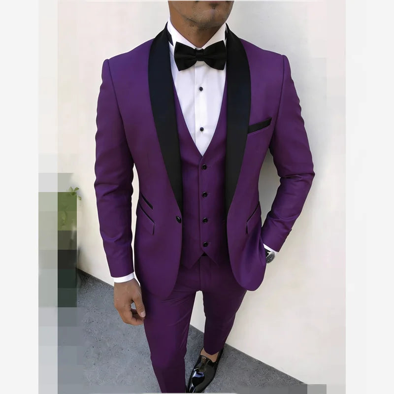 3pcs Men'S Slim Fit Groomsmen Suit | Purple Jacket, Vest, Pants with Non-Stretch Fabric and Color Block Pattern