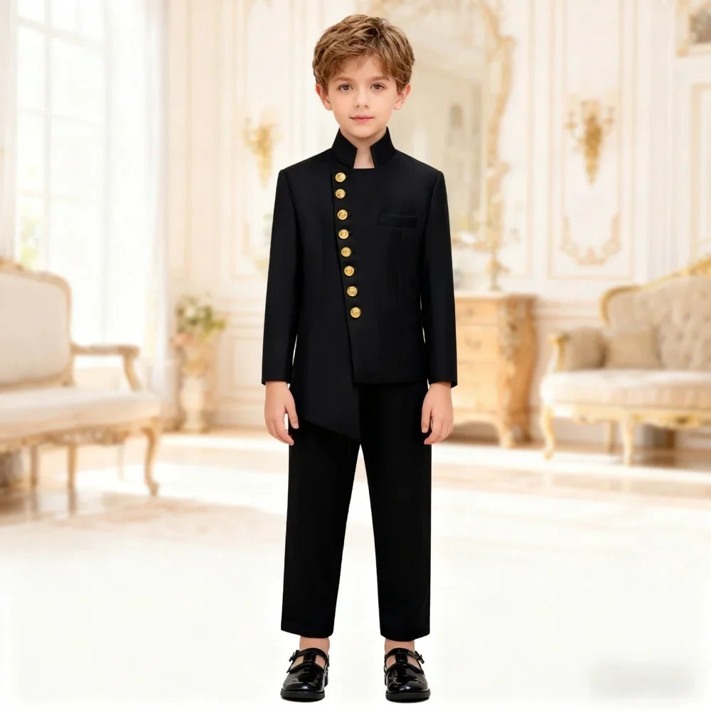 Black 2PCS Boys Formal Suit Set Brand Selection For Kids Aged 3-14 Yrs Elegant Stand Collar Design With Gold Buttons Perfect