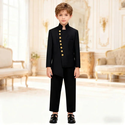 Black 2PCS Boys Formal Suit Set Brand Selection For Kids Aged 3-14 Yrs Elegant Stand Collar Design With Gold Buttons Perfect