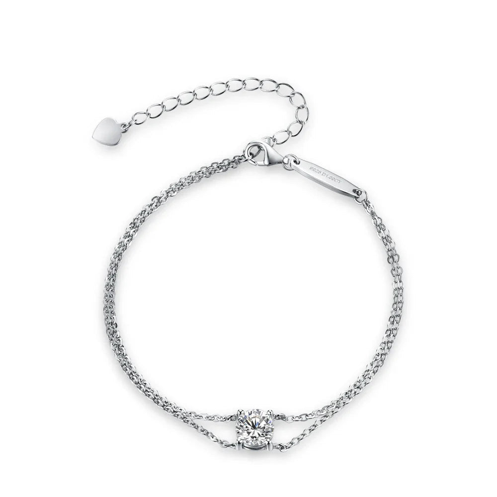 S925 Silver Double Chain Solitaire Moissanite Women Bracelet Adjustable 16+3cm Elegant Everyday Jewelry Gifts Wholesale