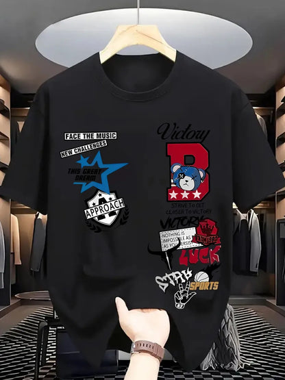 New Men's Summer Personalized Letter Graffiti Printed Comfortable and Breathable Round Neck T-shirt Outdoor Street Top