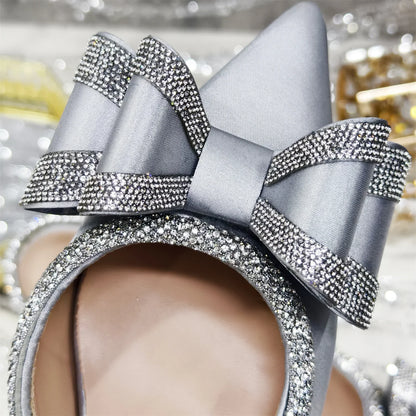 Shoes and Bag to Match Wine Colour Pointed-Toe Rhinestone Bow Party Women's High Heels