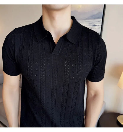 Men's Polo Shirt, Striped Jacquard Knit Short Sleeve, T-shirt V-neck Solid Color Elastic Top 2024. M-3XL,Summer Purple Thin