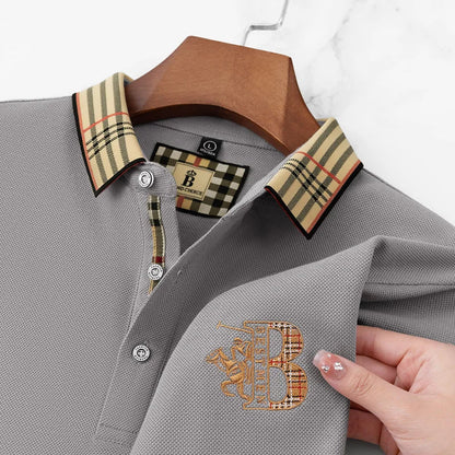 Summer novel men's high-end lace collar B-shaped short sleeved polo shirt, comfortable and casual business T-shirt