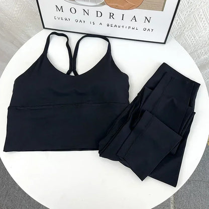 2 Piece Yoga Set Sportswear Fitness Suits Sexy Cross back Yoga Tops Elasticity High Waist Leggings Running Sports Clothing