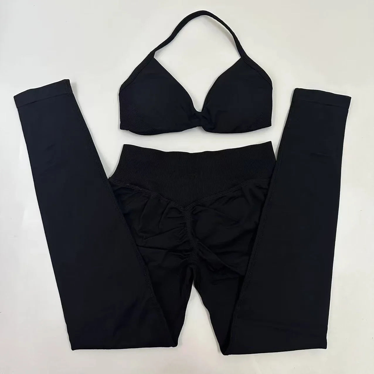 2pcs Seamless Yoga Set Women Yoga Scrunch Leggings Set Strappy Halter Sports Bra Fitness Gym Clothing Workout Set