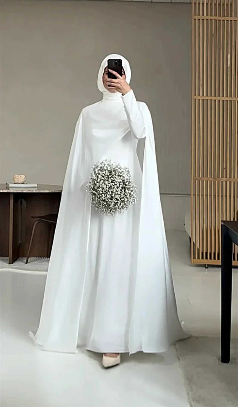 Modest White Muslim Wedding Dresses with Cape Customized Bride Dress Elegant Long Sleeves Woman Bride Civil Bridal Gowns