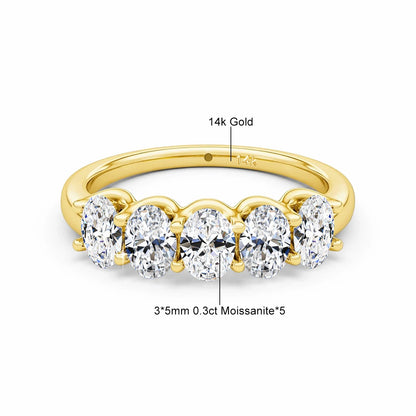 14K Yellow Gold Engagement Ring GRA Certified Moissanite Row Band 5 Stone 1.5ctw 100% Authentic for Women Wedding Jewelry