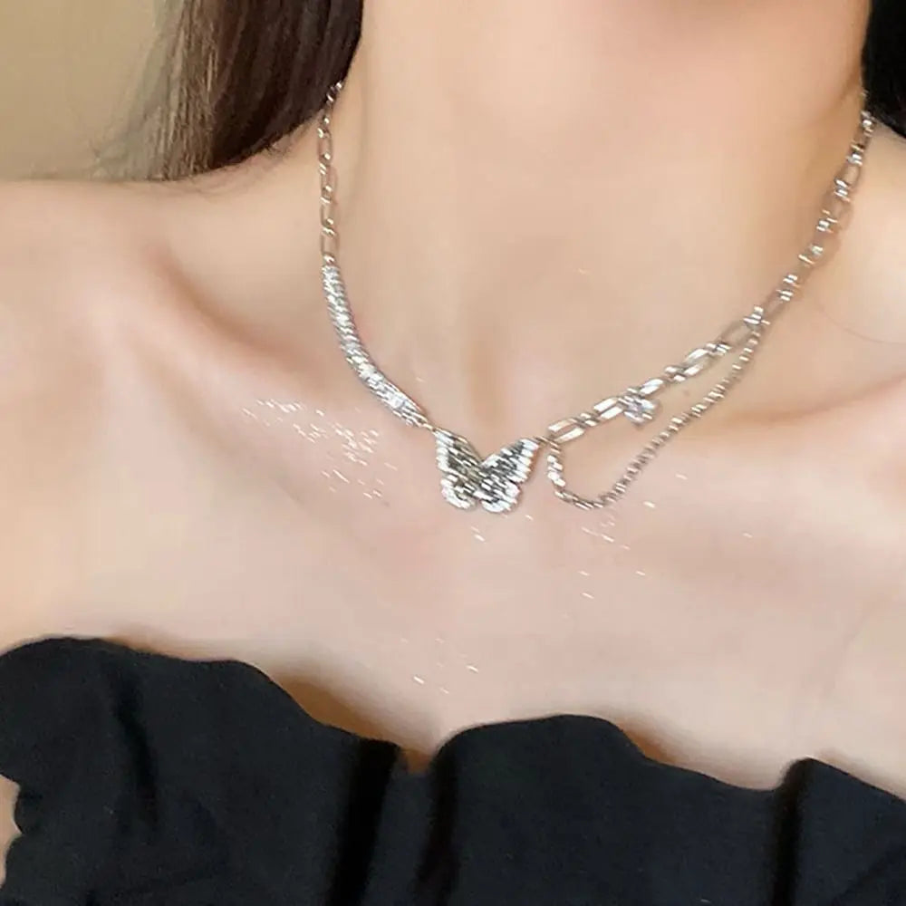 Korean Trend Love Butterfly Clavicle Chain For Women Shiny Multilayered Heart Necklace Collarbone Chain Valentine's Day Gifts