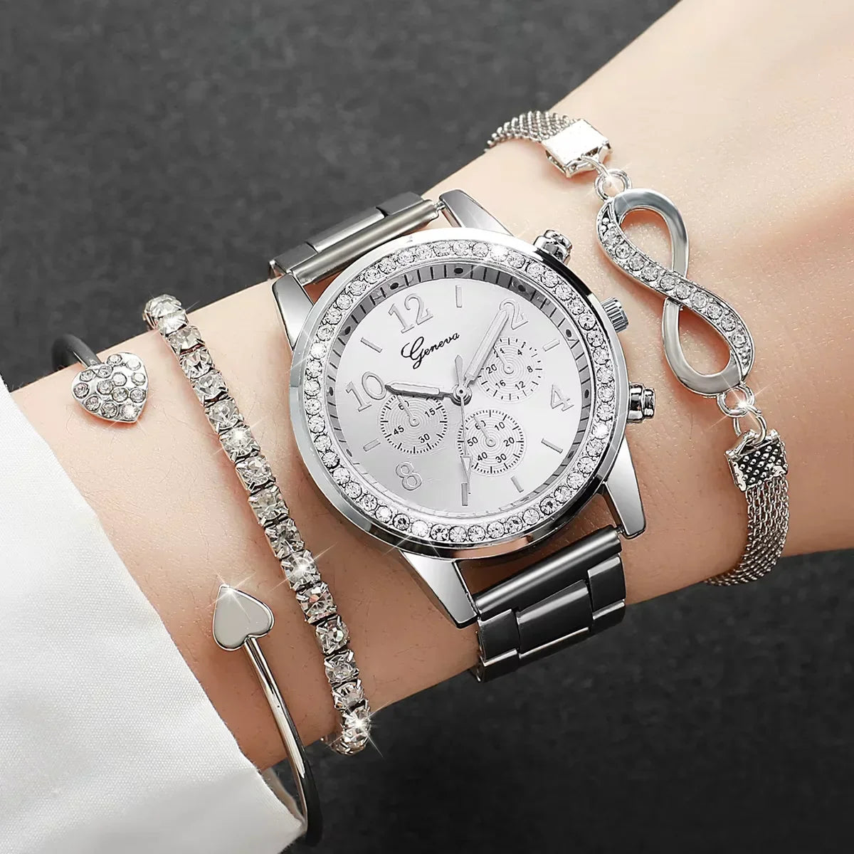 Women's Watch Fashion Rhinestone Arabic Dial Steel Band Quartz Watches Bracelets Set