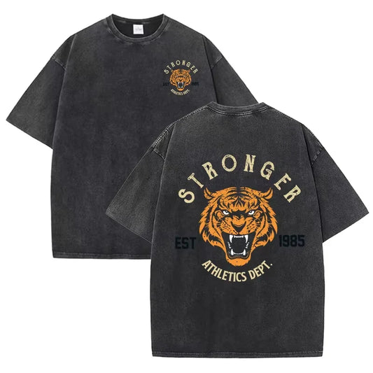 Stronger Tiger Sport Print Wash T Shirt Woman Summer Comfortable Washed Tee Casual Shortwear Soft Cotton Unisex Clothes