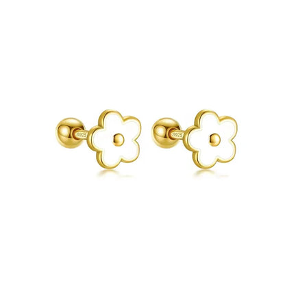925 Sterling Silver Romantic White Enamel Flower Screw Bead Stud Earrings for Women Fashion Simple Piercing Jewelry Gift