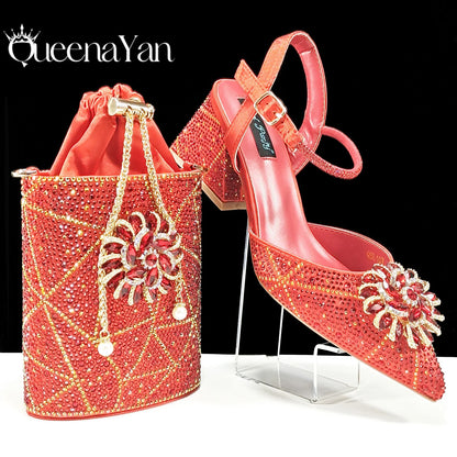 Ladies Elegant Pointed Toe Shoes with shiny Metal Stand Bag Women Party Shoes or Commuting Shoes and Bag Set