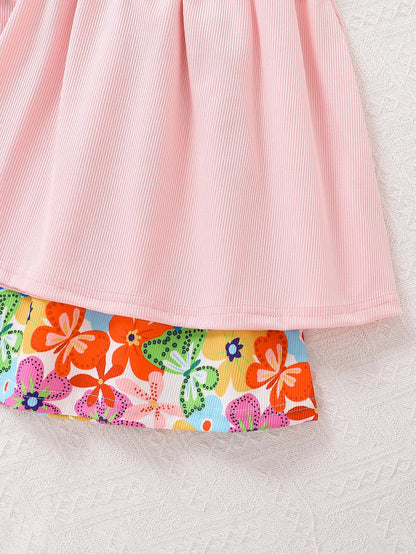 2-Pack - Girls' Fashionable Summer Dresses, Children's Clothing, Floral Butterfly Print, Round Neck, Flutter Sleeves, Waist-Cinching, Bowknot, Mid-Length Dress, Summer Wear, Simple and Comfortable Casual Versatile Youthful Ch