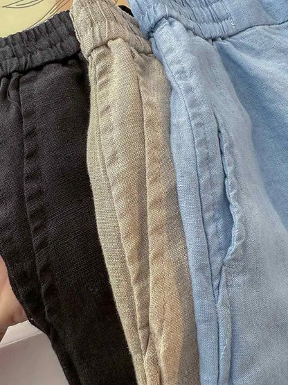 Japanese Simple Solid Color Pure Cotton Linen Casual Versatile Straight Elastic Waist Shorts Women's Middle Pants