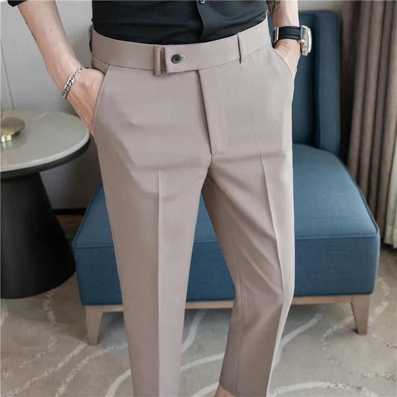 Stretch Solid Color Men's Trousers, Suitable for Business Casual, Parties, Formal Events, and Ankle-length Slim Pants.28-40